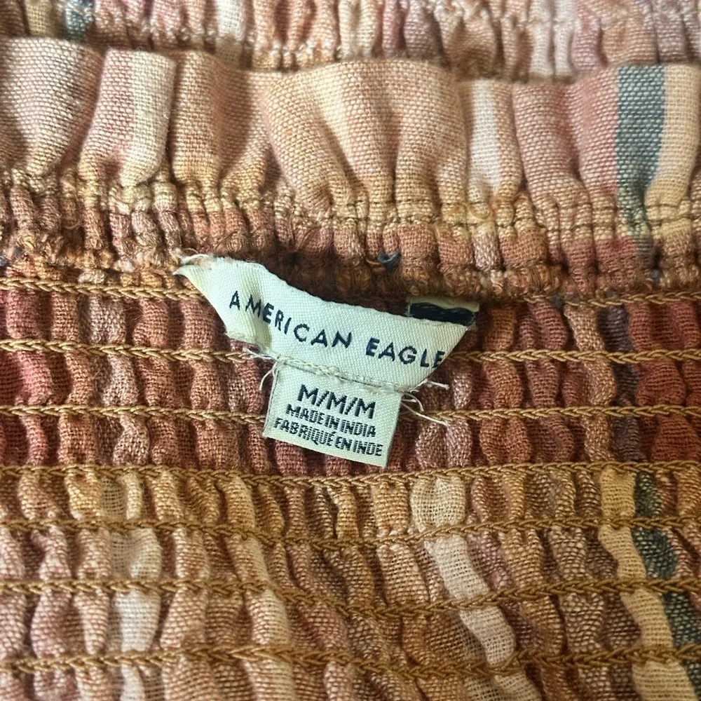 Sz M American Eagle smocked strapless tube top ruffled plaid linen warm tone
